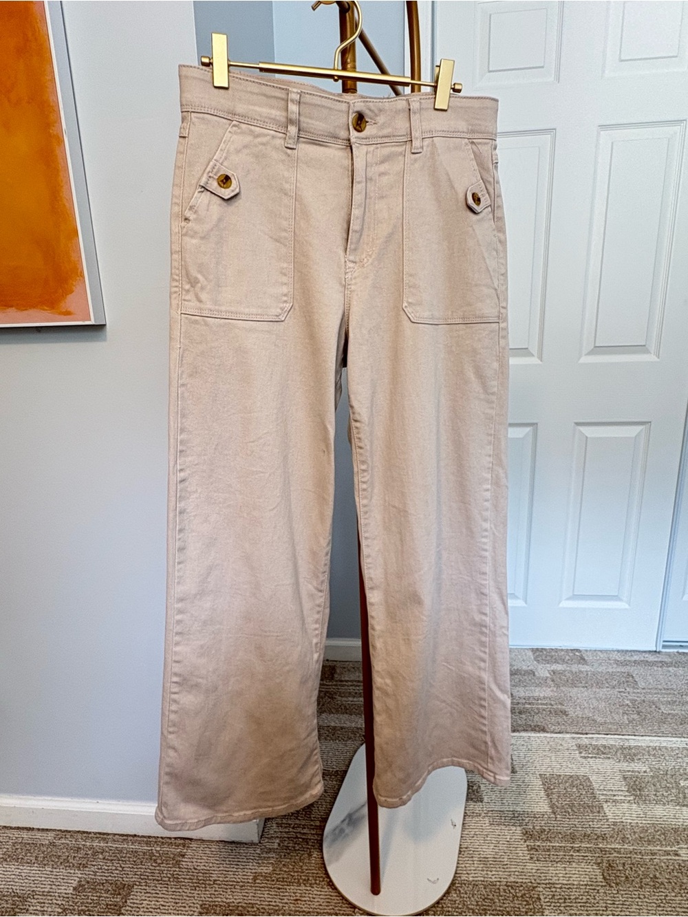 Beige Wide-Leg Utility Jeans for Women